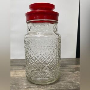 Vintage Hazel-Atlas Diamond Point Glass Canister Jar w/ Red Lid 7.5”